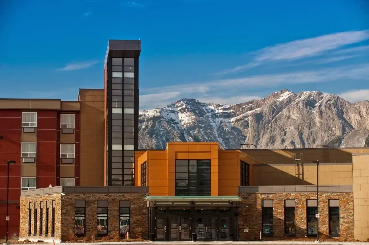 Mountain resort grounds under open sky